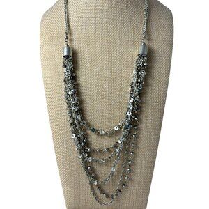 Global and Vine Multi Strand Silver Tone Chain Beaded Bib Necklace Layered